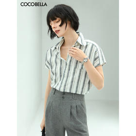 COCOBELLA亮丝竖条纹短袖衬衫女宽松休闲舒适全棉衬衣SR607