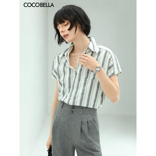 COCOBELLA亮丝竖条纹短袖衬衫女宽松休闲舒适全棉衬衣SR607 商品图0