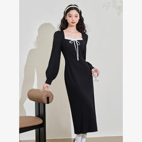 赫本风高级感浪漫复古长袖连衣裙女早春蕾丝花边拼接长裙V3342280