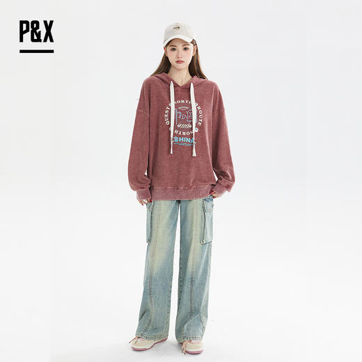 P&X设计师女装秋季百搭休闲连帽宽松中长款卫衣 824317395 红色 商品图1