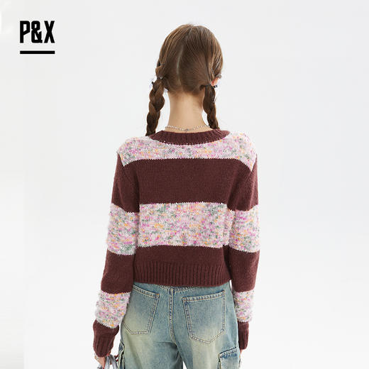 P&X设计师女装秋季宽松拼色毛织短款外套 824313290 酒红 商品图4