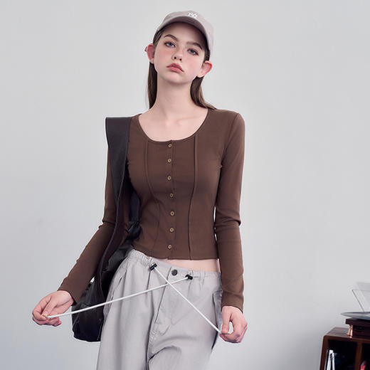 美式复古辣妹修身T恤女秋季大领口长袖收腰显瘦上衣V3242333 商品图2
