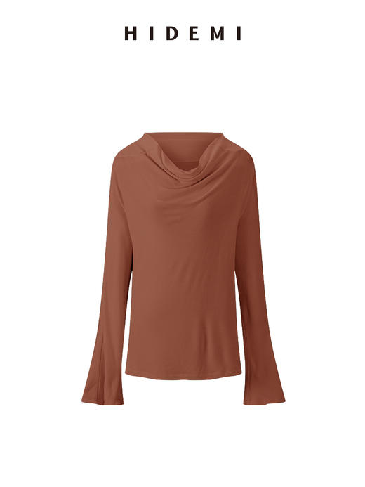 HIDEMI 极简设计感多种穿法荡漾领臻品混纺极细绵羊毛针织长袖弹力加厚款弹力T恤上衣 白色/黑色/赭石红/奶茶米 商品图7