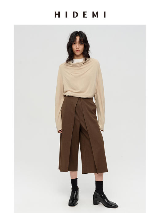 HIDEMI 极简设计感多种穿法荡漾领臻品混纺极细绵羊毛针织长袖弹力加厚款弹力T恤上衣 白色/黑色/赭石红/奶茶米 商品图4
