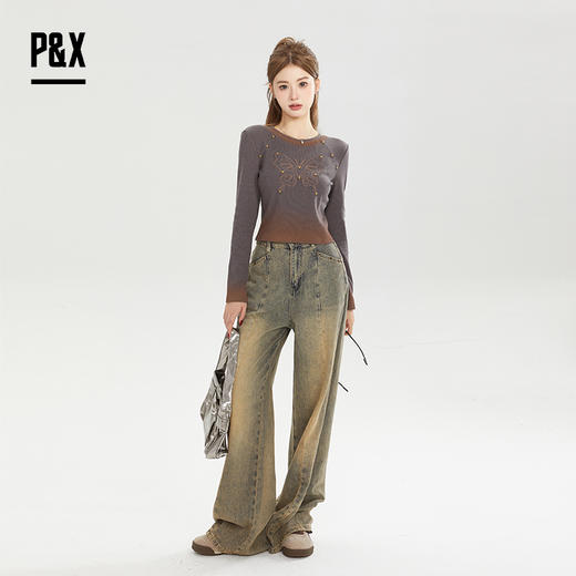 P&X设计师女装秋季针织长袖修身圆领显瘦短款T恤824302185 灰色 商品图1