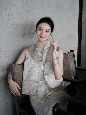 FAB葭灰真丝宋锦对襟马甲