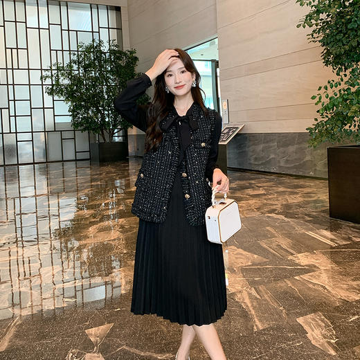 奢姿2024年秋季新款大码女装蝴蝶结绑带裙子胖妹妹温柔百褶连衣裙9943826566 商品图4