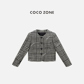 COCO ZONE 时尚格纹圆领外套气质百搭长袖上衣CC2C1540