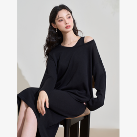 西遇宽松黑色毛针织衫女新款薄款外搭慵懒风罩衫上衣D3242220