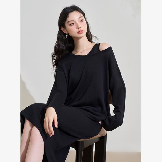 西遇宽松黑色毛针织衫女新款薄款外搭慵懒风罩衫上衣D3242220 商品图0