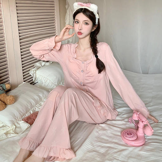 【ins公主风❗️长袖开衫家居服套装】自带胸垫，免穿文胸内衣❗️舒适透气，家居外穿都可以，长袖长裤睡衣女春季新款少女两件套 商品图1