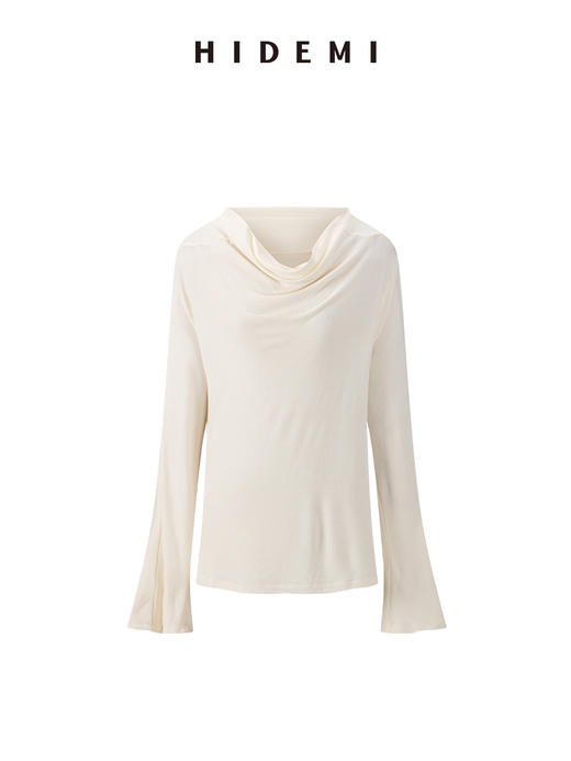 HIDEMI 极简设计感多种穿法荡漾领臻品混纺极细绵羊毛针织长袖弹力加厚款弹力T恤上衣 白色/黑色/赭石红/奶茶米 商品图6