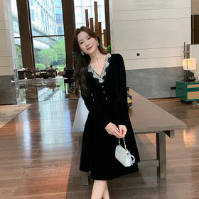 奢姿大码女装2025秋季减龄钻饰设计V领裙子胖妹妹时尚丝绒连衣裙9943853560