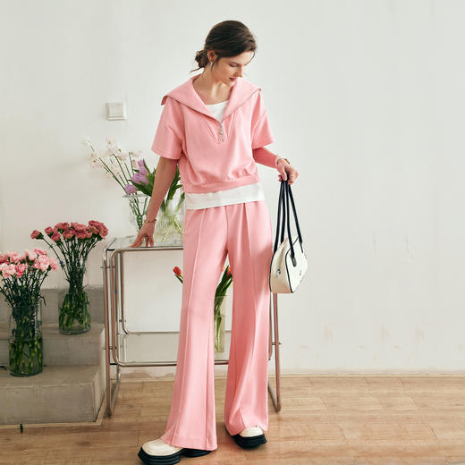 欧芮儿2023率性年轻休闲粉色半拉链假两件上衣 商品图2