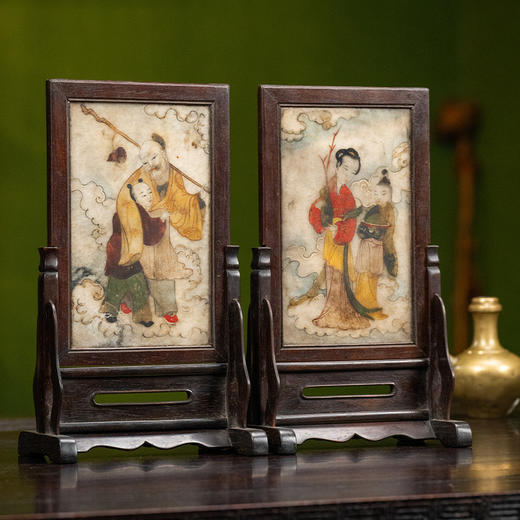清 红木镶云石彩绘人物诗文砚屏（一对） 商品图0