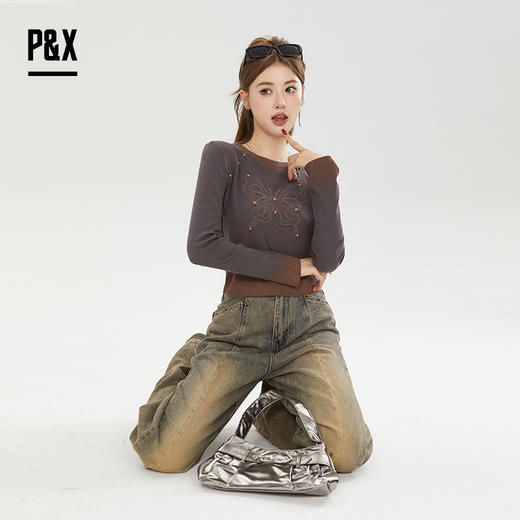 P&X设计师女装秋季针织长袖修身圆领显瘦短款T恤824302185 灰色 商品图3