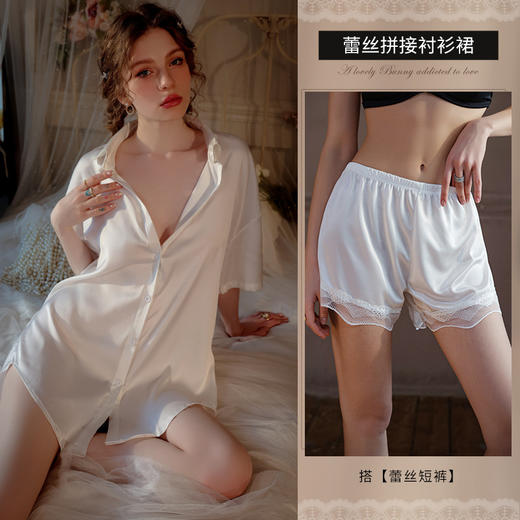 【蕾丝拼接衬衫裙】仙懿夏季男友风衬衫睡衣女宽松短袖性感睡裙冰丝家居服可外穿，深V开襟设计，丝滑柔纱触感。ry 商品图6