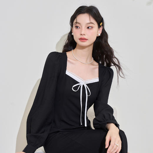 赫本风高级感浪漫复古长袖连衣裙女早春蕾丝花边拼接长裙V3342280 商品图2