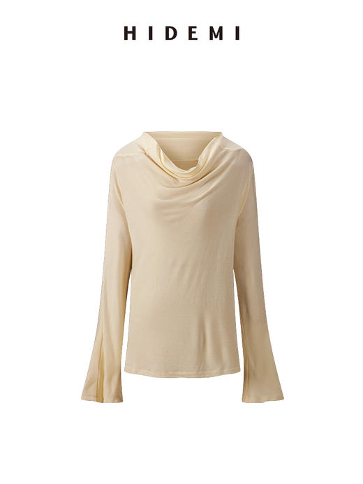 HIDEMI 极简设计感多种穿法荡漾领臻品混纺极细绵羊毛针织长袖弹力加厚款弹力T恤上衣 白色/黑色/赭石红/奶茶米 商品图8