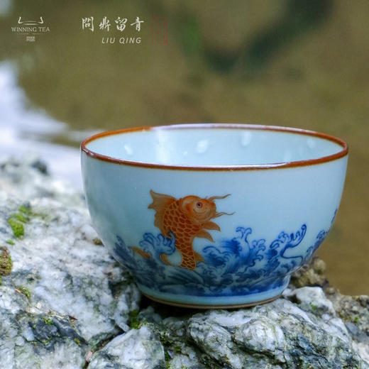 问鼎留青天青精工款听泉杯大（柴窑绘画描金鱼跃龙门） 商品图2