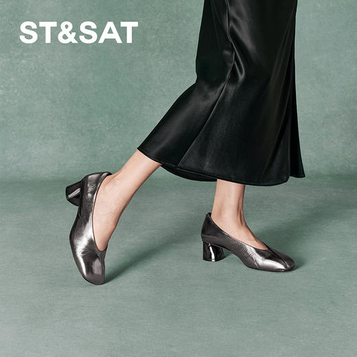 星期六简约百搭质感素面粗跟单鞋SSC3111165 商品图0