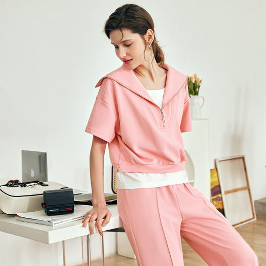 欧芮儿2023率性年轻休闲粉色半拉链假两件上衣 商品图1