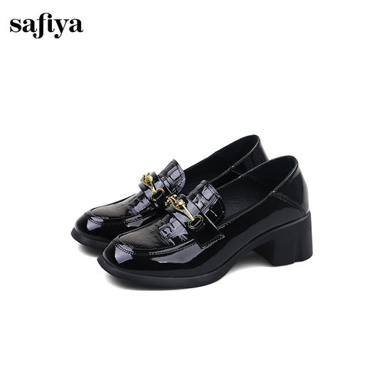 Safiya/索菲娅2024秋英伦风石头纹漆皮爱心扣百搭粗跟通勤小皮鞋 SF43112083 商品图1