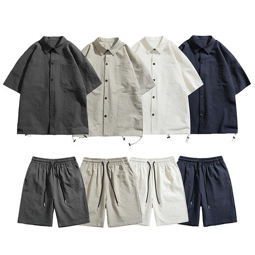 TZ101 休闲服套装男短袖夏季潮流高级感衬衫男生高街宽松短裤 商品图0