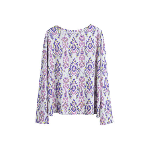 绽放旅行女装594朵/紫色艾德莱斯印花长绒棉双纱圆领直筒长袖T恤 商品图4