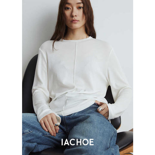 棉仓3561501001 -秋季宽松竖线分割慵懒舒适长袖圆领针织衫  亲肤感面膜T 商品图0