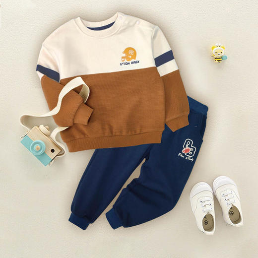 棉果果秋季新品男童春秋款简约百搭撞色拼接纯棉圆领套头卫衣M312180224460 商品图0