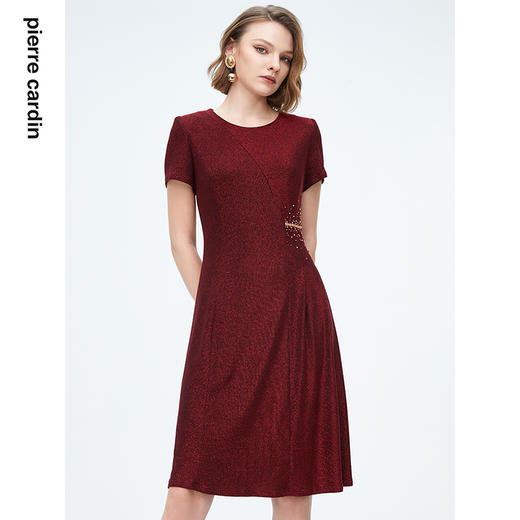 皮尔卡丹女装连衣裙短袖红色亮面收腰场合通勤礼服裙P4240D4014T0
 商品图3