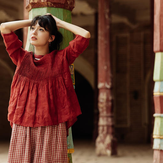 绽放旅行女装472朵/醇酒高支苎麻塔克细褶大摆七分袖圆领小衫 商品图3