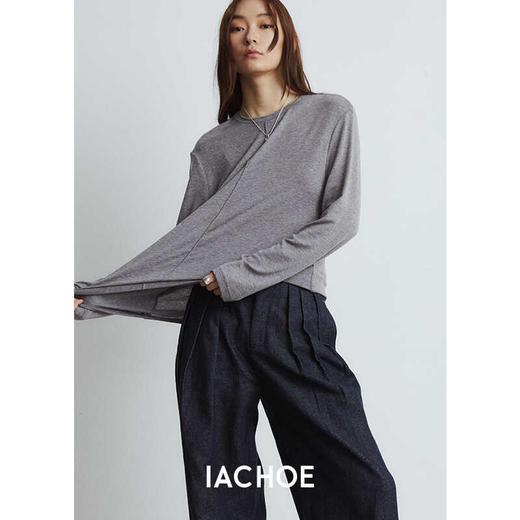 棉仓3561501001 -秋季宽松竖线分割慵懒舒适长袖圆领针织衫  亲肤感面膜T 商品图1