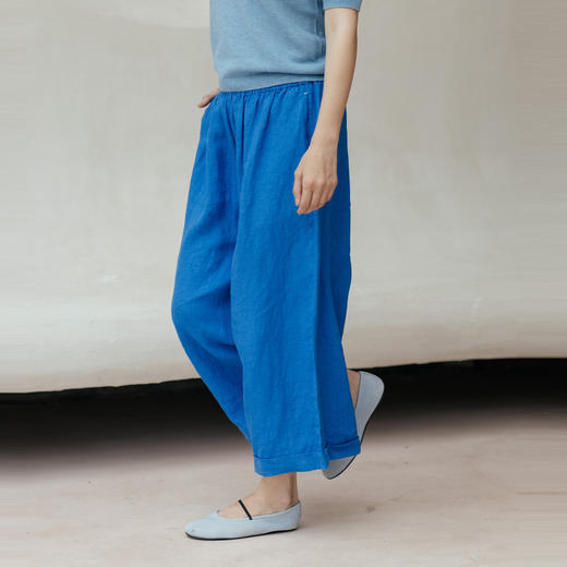 绽放旅行女装437/进口高支亚麻松紧腰卷边九分裤直筒廓形休闲裤女 商品图1