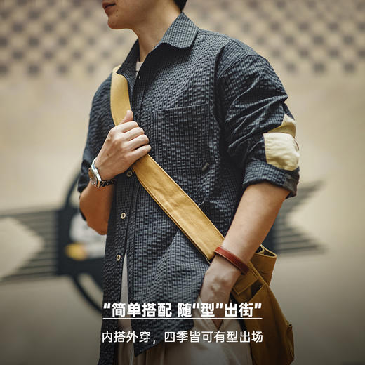 工装优选美式复古泡泡纱格子长袖衬衫肌理感翻领拼接衬衣外套男秋 商品图3