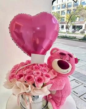 深情拥抱19支粉玫瑰草莓熊抱抱桶