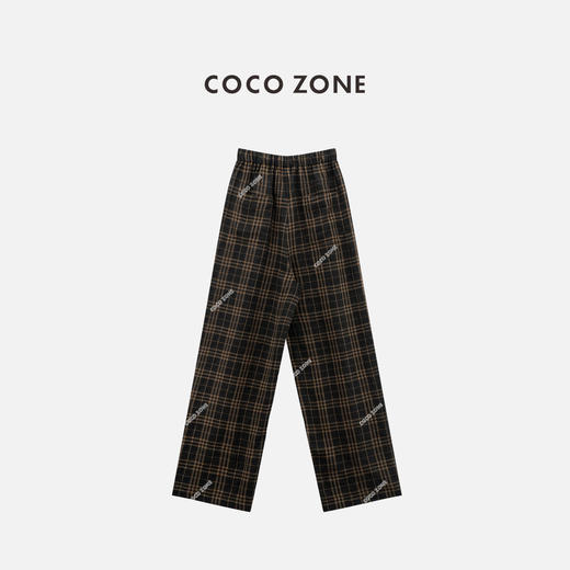 COCO ZONE 100亚麻格纹松紧腰休闲撞色直筒裤CC2C1254 商品图1