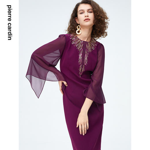 皮尔卡丹女装时尚重工飘纱通勤喇叭袖礼服连衣裙P4222E4078Z0 商品图4