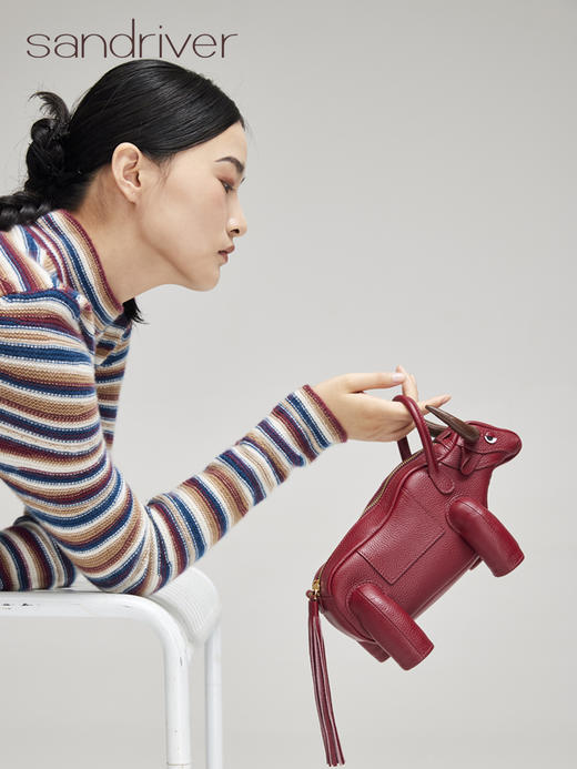 青海荔枝纹头层牛皮牛角手拎斜挎包SJF96P673N 商品图7