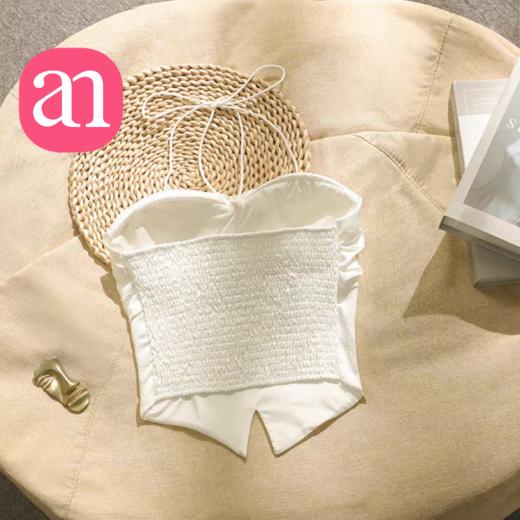 【特价29】性感辣妹玫瑰花挂脖系带吊带 纯欲风提花压褶抹胸上衣夏季  15194039 商品图1