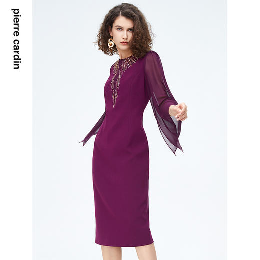 皮尔卡丹女装时尚重工飘纱通勤喇叭袖礼服连衣裙P4222E4078Z0 商品图1