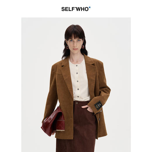 SELFWHO90s复古棕色西装外套女2024秋季新款高级休闲通勤麂皮西服 商品图0