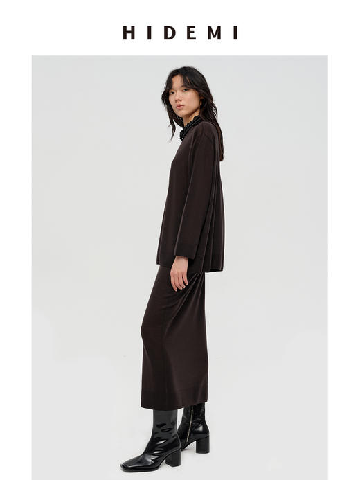 HIDEMI 澳洲进口美利奴羊毛系列60支极细精纺羊毛极简圆领廓形感毛衣半裙套装 乌木棕/深烟灰 商品图2