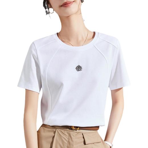 2024丝光棉新款白色t恤女正肩短袖夏季女装圆领明线装饰纯色上衣 商品图4