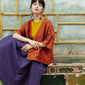 绽放旅行女装529朵/汉麻原木吊坠扣开襟v领小衫宽松落肩中袖开衫