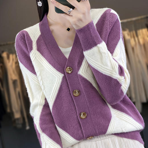 早秋拼色菱形格撞色时尚开衫针织衫女款打底上衣SZ2714 商品图0