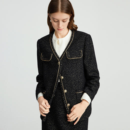 EITIE爱特爱气质优雅精致金葱小香风直筒显瘦V领外套秋季新款C2403404 商品图4