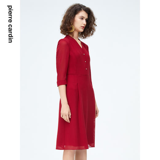 皮尔卡丹女装连衣裙法式经典短袖红色V领场合礼服裙P4215D4010R1
 商品图1