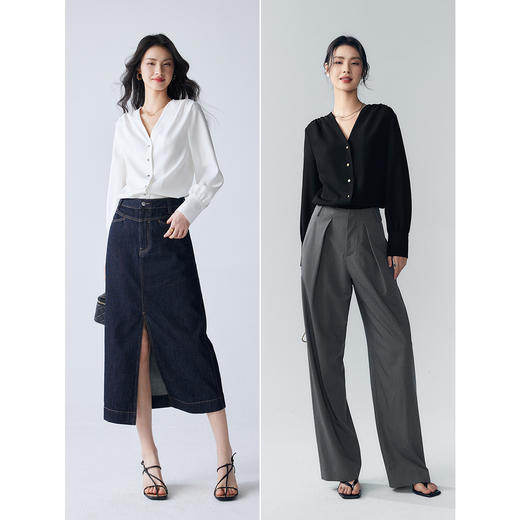 棉仓352604004伯爵领肩部贝壳褶醋酸衬衫女设计感春秋气质宽松灯笼袖衬衣 商品图3